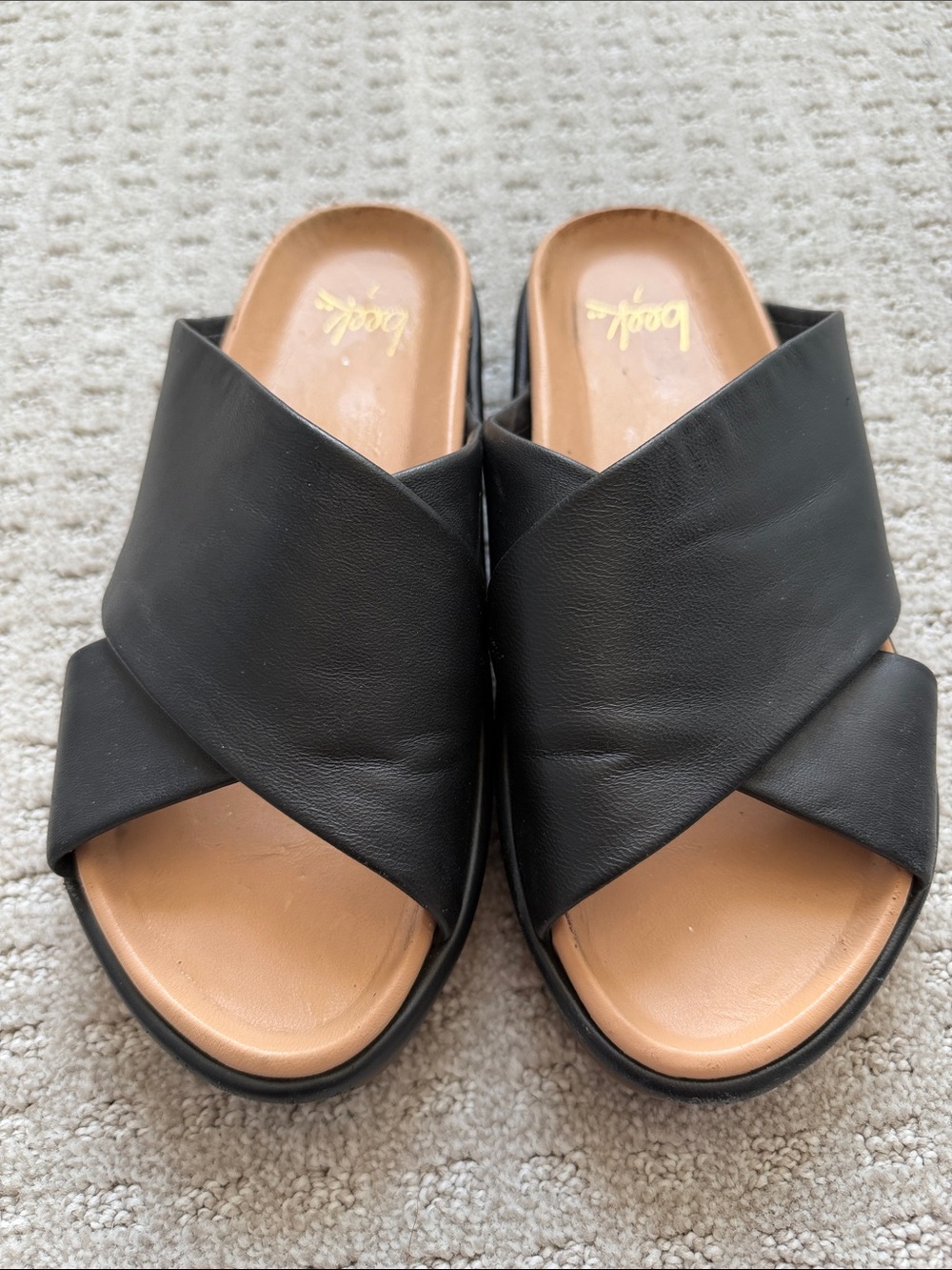 beek Black Crisscross Slide Mules with Tan Footbed